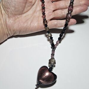 Avenue Silver Tone Purple Glass Heart Pendant Beaded Necklace 21-24"